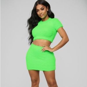 Neon Green Fuzzy Mini Skirt Set Crop Top